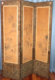 Antique Chinese 3 Panel Screen With Hand Painted Scenes On Paper Background