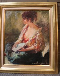 Giclee Artwork Of Woman With Shawl, In An Elaborate Gold Frame