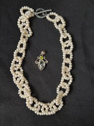 Honora Circle Fresh Water Pearl Necklace And 925 Sterling Pendant With Stones.