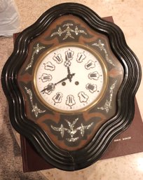 Antique French Bakers Clock With Enamel Face, Mother Of Pearl Inlay And  Pendulum.