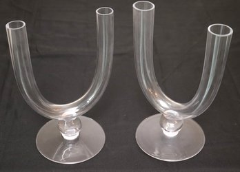 Pair Of Modern Glass U Shaped Dinner Taper Candle Holders