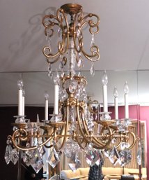 Elegant, Large, Antique Style Custom Made Brass And Crystal Chandelier, Almost 4 Ft Tall