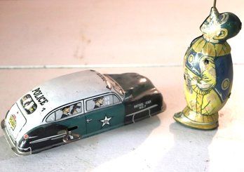 Vintage Tin Police Patrol Car # 7 & Tin Clown Toys