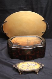 Interesting Box With Tortoiseshell, Finish And Castle Panel, Tray With Handles And Small Soap Dish