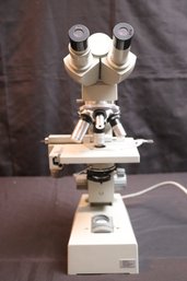 Vintage Microscope Made In Democratic West Germany With Swiveling  Lens Top.