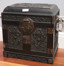 Antique Carved Dark Wood Jewelry Box With Drawers & Brass Accents