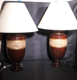 Pair Of Contemporary Turned Wood Table Lamps By NUB, Very Heavy Substantial Set