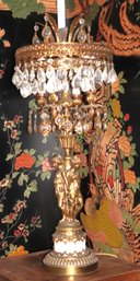 Tall Romantic Style Brass Lamp With 3 Female Figures And Hanging Crystals