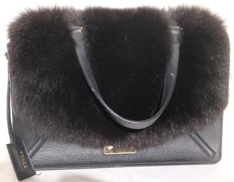 Furla Genuine Leather Italy Designer Handbag With Fur Cover