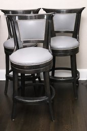 Set Of 3 Custom Solid Modern Swivel Counter Stools With Nail Head Accents