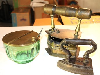 Vintage Green Depression Glass Sugar Bowl, Large Brass & Metal Iron