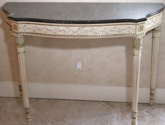 Gorgeous Carved Wood Louis The XVI Style Demi Lune Console With A Gorgeous Veined Marble Top