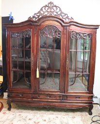 Vintage Rustic Highly Carved Wood/ Glass French Country Display Cabinet