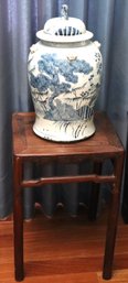 Antique Style Hand Painted Chinese Jar With Lid Painted With Pine Tree Design & Tall Wood Pedestal.