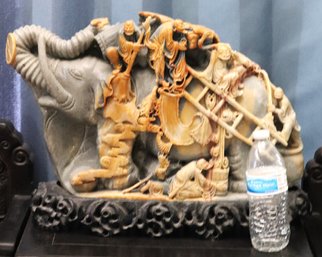 Amazing Carved Marble Statue Of Wise Men On Elephant Resting On Carved Wooden Base