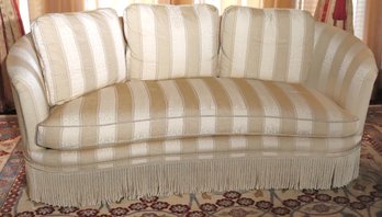 Gorgeous Custom Curved Cream Tone Striped Sofa With Back Pillows And Tassels, Custom Knitted Linen Fabric