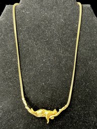 14K YG Mesh Necklace With Fixed Sleeping Leopard Pendant. Signed MGJ