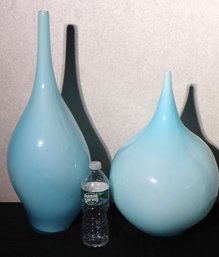 Set Of Two Large Pretty Blue Handblown Tear Drop Style Vase Decor By Lazy Susan