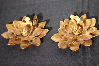 Pair Of Decorative Gold Painted Brass Lotus Flower Accents Measuring Approximately 6- Inch Diameter