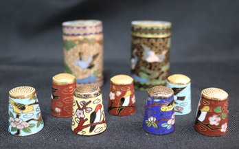 Lot Of 6 Cloisonne Thimbles And 2 Trinket Boxes.