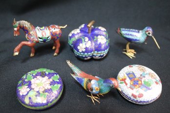 A Lot Of Vintage Cloisonn Decorative Items With Animals And 3 Trinket Boxes.