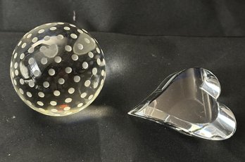 Tiffany And Co. Crystal Golf Ball And Daum Crystal Heart Paperweights