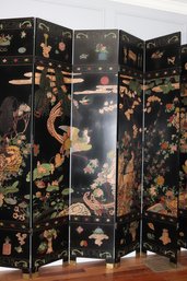 Extra Tall Chinese Double-sided Screen With Carved & Painted Scenes On Black Background