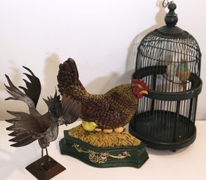 Birds Includes Cast Iron Rooster Doorstop And Tin Metal Sculpture
