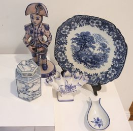 Blue And  White Collection Includes Hand Painted Piece From Portugal, Staffordshire England Plate And Soldier