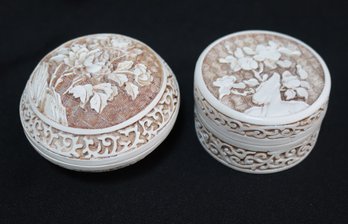 Imitation Ivory Colored Dynasty Trinket Boxes With Carved Flowers.