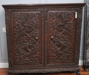 Stunning Antique Carved Chinese Armoire Cabinet With Dragons, Clouds & Brass Hinges With Chinese Good Luc