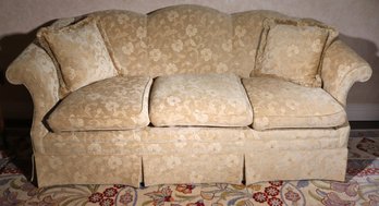 Custom Upholstered Rolled Back Sofa In A Light Gold Tone High End Damask Floral Damask Style Fabric