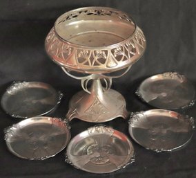 Pierced Plated Pedestal Candy Dish Includes 5 French Art Nouveau Snack Dishes Shipped By Edet Paris, Fried
