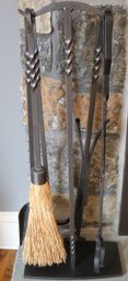 Blacksmith Forged Wrought Iron Fireplace Tools With Stand Includes Brush, Shovel, And Fire Stoker.