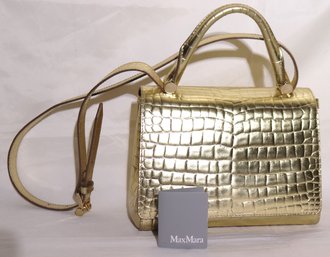Gold Toned Max Mara Italian Leather Designer Handbag With Shoulder Strap