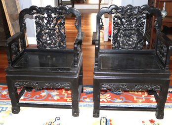 Pair Of Antique Hardwood Chinese Armchairs With Elaborately Carved Backs & Arms