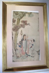 Chinese Painting On Silk Of Monk Blessing Child In Mothers Arms