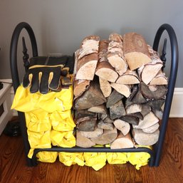 Heavy Duty Wrought Iron Log Holder With Assorted Cut Logs And Duraflame Logs.