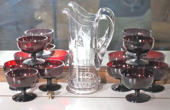 1960s Style Cranberry Glass Cocktail Glasses Includes A Glass Pitcher