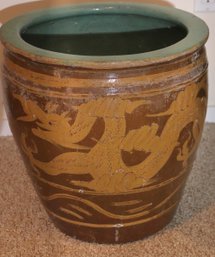 Vintage Chinese Planter With Dragon Motif, And Turquoise Glazed Interior