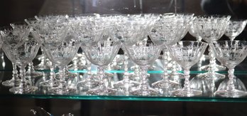 Elegant Fostoria Etched Glassware Includes 17 Etched Martini Glasses And 7 Champagne Glasses