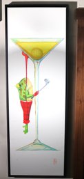 Whimsical Vinyl Wall Art Featuring Frog With Martini Glass And Golf Ball In Narrow Black Frame.