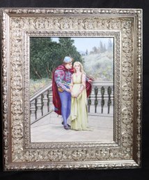 Romantic Lovers Awaiting/expectant. Porcelain Plaque - Tile, Signed M.E. Davis 1894  14 X 16