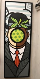 Funky Vinyl Magritte Inspired Wall, Art In Narrow Black Frame With Man And Apple.