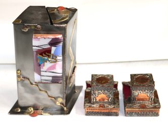 Handcrafted Metal Tzedakah Box & Pair Of Vintage Tefillin Holders In Copper & Sterling