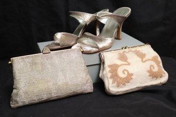Two Vintage Beaded Evening Bags, One Made In France, And S. Kellian Sandals.