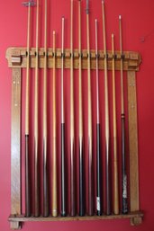 Vintage Art Deco Pool Cue Holder With Inlaid Detailing Includes Sticks Handcrafted In Italy & Score Counte