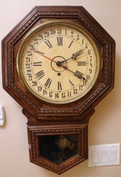 Antique Standard Time Wall Clock With Key And Pendulum