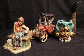 Three Vintage Italian Ceramic Pieces With Capo DeMonte Car, Figurine, And Pipe.