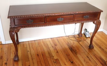 Vintage Carved Wood Sideboard With Claw Feet, Ornate Trim On The Side & Drawers For Storage